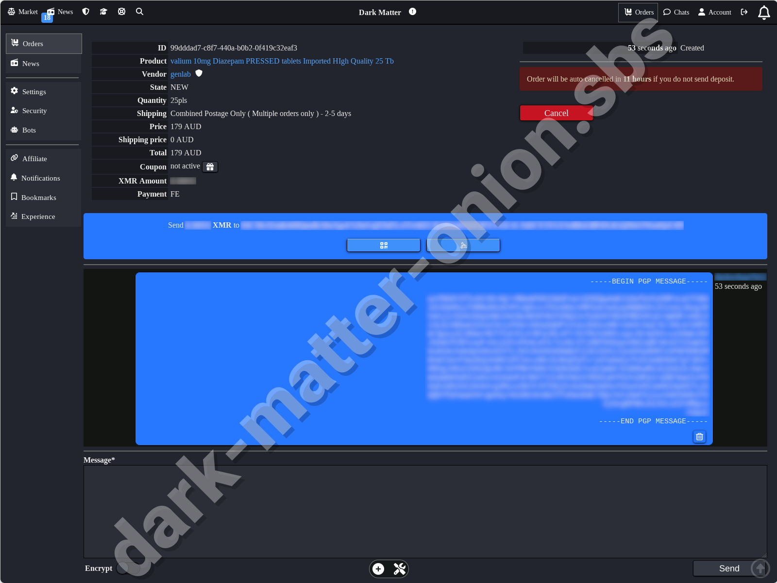 Dark Matter order placement and checkout page