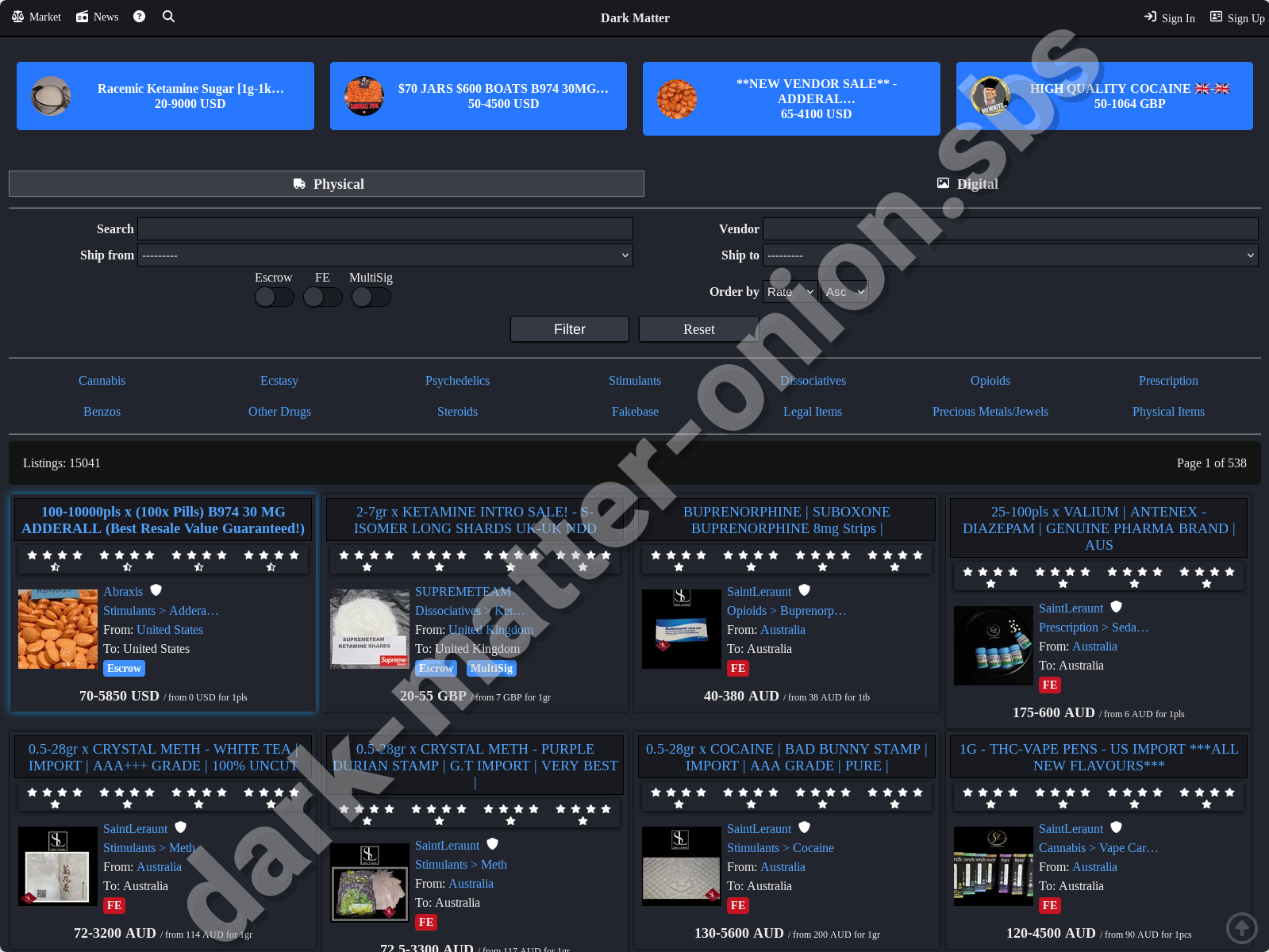 Dark Matter Darknet Market homepage showing interface 2026